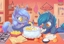 Size: 2500x1750 | Tagged: safe, artist:mav, oc, oc only, oc:panne, oc:speck, species:bat pony, species:pony, baking, bat wings, book, bowl, cake, cookbook, cute, ear fluff, ear tufts, egg, eyes on the prize, featured on derpibooru, female, food, frosting, fruit, high res, hoof hold, icing bag, indoors, kitchen, leaning, licking lips, looking at something, mango, mare, mouth hold, ocbetes, recipe, refrigerator, silly, slit eyes, smiling, standing, stove, sugar (food), tail wrap, tongue out, whisk, wing hands, wings