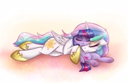 Size: 2597x1680 | Tagged: dead source, safe, artist:magnaluna, character:princess celestia, character:twilight sparkle, species:alicorn, species:pony, species:unicorn, blushing, cheek fluff, cuddling, ethereal mane, eyes closed, female, filly, filly twilight sparkle, lying down, mare, momlestia, simple background, sleeping, smiling, snuggling, sparkly mane, sweet dreams fuel, underhoof, younger