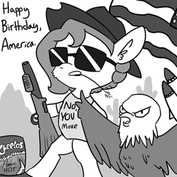 Size: 726x726 | Tagged: safe, artist:tjpones, oc, oc only, oc:brownie bun, species:earth pony, species:pony, horse wife, american independence day, bipedal, cactus, cheetos, clothing, dialogue, eagle, ear fluff, female, fuck yeah, grayscale, gun, hat, hoof hold, independence day, mare, missile, monochrome, murica, shirt, shotgun, simple background, straw in mouth, sunglasses, united states, weapon, white background