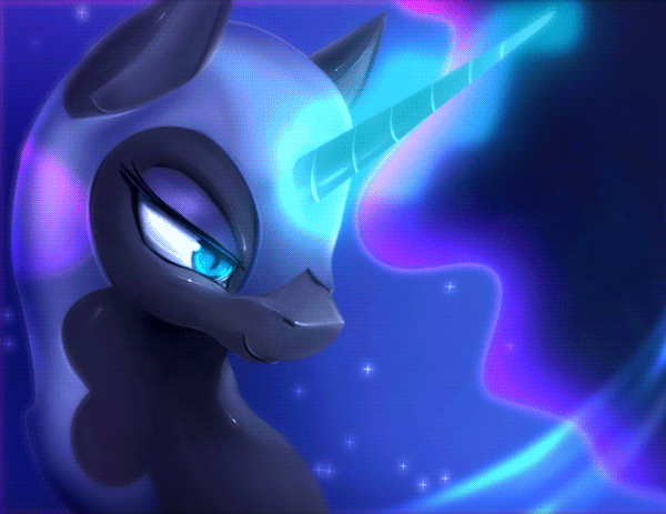 Size: 600x463 | Tagged: safe, artist:rodrigues404, character:nightmare moon, character:princess luna, species:pony, animated, bedroom eyes, epic, female, glowing horn, magic, mare, portrait, pretty, smiling, solo
