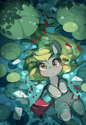 Size: 1015x1476 | Tagged: safe, artist:huaineko, character:derpy hooves, species:pegasus, species:pony, cute, derpabetes, female, lake, letter, looking at you, mail, mailbag, mailmare, mare, pixiv, solo