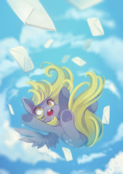 Size: 874x1240 | Tagged: safe, artist:huaineko, character:derpy hooves, species:pegasus, species:pony, cloud, cloudy, cute, derpabetes, falling, female, letter, mail, mare, pixiv, solo, underhoof