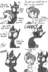 Size: 1466x2199 | Tagged: safe, artist:tjpones, oc, oc only, oc:brownie bun, oc:pistachio, species:changeling, horse wife, :i, annoyed, crossed hooves, cute, cuteling, fluffy, gasp, monochrome, nose wrinkle, open mouth, pushing, raised eyebrow, scrunchy face, shapeshifting, smiling, sparkles, wide eyes