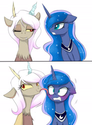 Size: 1600x2165 | Tagged: dead source, safe, artist:magnaluna, character:discord, character:princess luna, oc:eris, species:alicorn, species:draconequus, species:pony, ship:lunacord, :3, blep, blushing, comic, ear blush, fangs, female, floppy ears, glare, gritted teeth, lesbian, licking, lidded eyes, mare, one eye closed, rule 63, shipping, simple background, smiling, tongue out, tsundere, tsunderuna, white background, wide eyes, wink