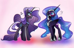 Size: 1600x1045 | Tagged: dead source, safe, artist:magnaluna, character:nightmare moon, character:nightmare rarity, character:princess luna, character:rarity, species:alicorn, species:pony, species:unicorn, ship:dance of the nightmares, abstract background, blushing, chromatic aberration, crush, cute, duality, embarrassed, exclamation point, female, heart, heart eyes, lesbian, mare, moonabetes, question mark, raribetes, self ponidox, selfcest, shipping, slit eyes, smiling, unamused, wingding eyes