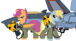 Size: 1024x556 | Tagged: safe, artist:ruhisu, character:chirpy hooves, character:scootaloo, species:pegasus, species:pony, air force, chirpy hooves, helmet, jet, jet fighter, pilot