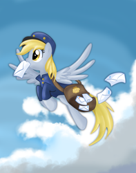 Size: 3217x4080 | Tagged: safe, artist:pridark, character:derpy hooves, species:pegasus, species:pony, bag, clothing, female, flying, hat, letter, mail, mailbag, mailmare, mailpony, mare, sky, solo, uniform, working