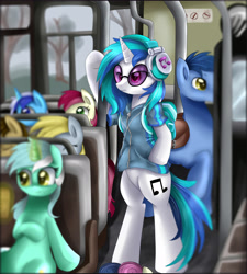 Size: 4350x4840 | Tagged: safe, artist:pridark, character:blues, character:bon bon, character:derpy hooves, character:dj pon-3, character:doctor whooves, character:lyra heartstrings, character:minuette, character:noteworthy, character:octavia melody, character:roseluck, character:sweetie drops, character:time turner, character:vinyl scratch, species:pony, absurd resolution, bipedal, bus, clothing, headphones
