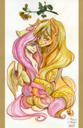Size: 400x614 | Tagged: safe, artist:arainmorn, character:applejack, character:fluttershy, ship:appleshy, blushing, braid, female, hatless, holding, lesbian, missing accessory, shipping, tree branch