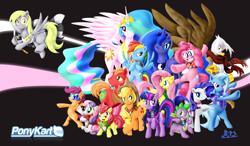Size: 2183x1276 | Tagged: safe, artist:blue-paint-sea, character:apple bloom, character:applejack, character:big mcintosh, character:derpy hooves, character:fluttershy, character:gilda, character:pinkie pie, character:princess celestia, character:princess luna, character:rainbow dash, character:rarity, character:scootaloo, character:spike, character:sweetie belle, character:trixie, character:twilight sparkle, species:alicorn, species:dragon, species:earth pony, species:griffon, species:pegasus, species:pony, species:unicorn, bipedal, bow, cape, clothing, cutie mark crusaders, floating, glasses, grin, gritted teeth, group, happy, jumping, lidded eyes, looking at you, mane seven, mane six, one eye closed, open mouth, ponykart, raised eyebrow, raised hoof, scarf, smiling, spread wings, trixie's cape, wallpaper, wings