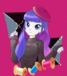 Size: 500x566 | Tagged: safe, artist:pan, character:rarity, my little pony:equestria girls, abstract background, beatnik rarity, beret, bust, clothing, cute, female, hat, nail polish, raribetes, solo, sweater, thread