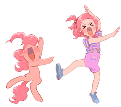 Size: 900x800 | Tagged: safe, artist:quizia, character:pinkie pie, species:earth pony, species:human, species:pony, >.<, child, cute, dancing, diapinkes, eyes closed, human ponidox, humanized, moe, overalls, quizia is trying to murder us, silly, simple background, white background