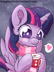 Size: 3000x4000 | Tagged: safe, artist:bugplayer, character:twilight sparkle, character:twilight sparkle (alicorn), species:alicorn, species:pony, g4, blushing, bugplayer is trying to murder us, cheek fluff, clothing, cute, dialogue, female, fluffy, heart, hoof hold, hot chocolate, mare, marshmallow, mug, no pupils, pictogram, scarf, signature, smiling, snow, solo, speech bubble, spread wings, text, twiabetes, wings, winter
