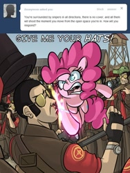 Size: 600x800 | Tagged: safe, artist:uc77, character:pinkie pie, species:earth pony, species:human, species:pony, ask, blood, clothing, crossover, dialogue, female, glasses, gun, hat, hooves, hotblooded pinkie pie, mare, nosebleed, open mouth, optical sight, punch, rifle, sniper, sniper rifle, sunglasses, team fortress 2, teeth, text, tumblr, watch, weapon, yelling