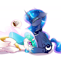 Size: 1600x1547 | Tagged: dead source, safe, artist:magnaluna, character:princess celestia, character:princess luna, species:alicorn, species:pony, blushing, cake, cakelestia, dialogue, eyes closed, female, food, heart eyes, mare, sisters, smiling, speech bubble, wingding eyes