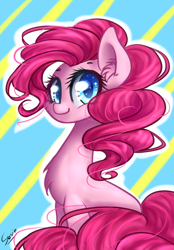 Size: 696x1000 | Tagged: safe, artist:iponylover, character:pinkie pie, species:earth pony, species:pony, cheek fluff, chest fluff, colored pupils, cute, diapinkes, ear fluff, female, looking at you, mare, sitting, solo
