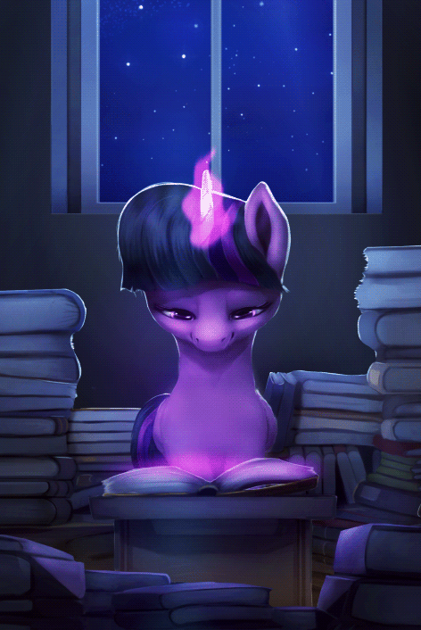 Size: 472x706 | Tagged: safe, artist:rodrigues404, character:twilight sparkle, character:twilight sparkle (alicorn), species:alicorn, species:pony, animated, book, bookhorse, cinemagraph, crepuscular rays, cute, featured on derpibooru, female, lidded eyes, magic, mare, night, parallax, parallax scrolling, parallaxing, reading, smiling, solo, stars, telekinesis, twiabetes, window