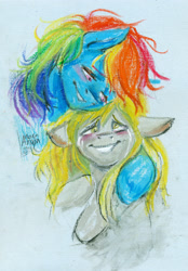 Size: 2267x3254 | Tagged: safe, artist:arainmorn, character:derpy hooves, character:rainbow dash, species:pegasus, species:pony, ship:derpydash, crying, female, floppy ears, hug, lesbian, mare, oil pastel, oil pastels, shipping, smiling, traditional art