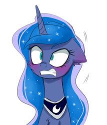Size: 923x1079 | Tagged: safe, artist:magnaluna, edit, character:princess luna, species:alicorn, species:pony, angry, blushing, bust, cheek fluff, chest fluff, ethereal mane, female, floppy ears, fluffy, galaxy mane, gritted teeth, harness, head only, mare, shaking, shocked, shrunken pupils, simple background, slit eyes, solo, surprised, tack, tsundere, tsunderuna, white background, wide eyes, wingless