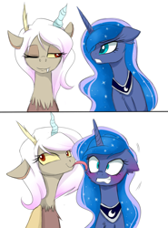 Size: 1600x2165 | Tagged: safe, artist:magnaluna, edit, character:discord, character:princess luna, oc:eris, species:alicorn, species:draconequus, species:pony, ship:lunacord, blushing, comic, ear blush, ethereal mane, face licking, female, galaxy mane, gritted teeth, inverted mouth, lesbian, licking, mare, rule 63, shipping, simple background, slit eyes, smiling, tongue out, tsundere, tsunderuna, white background, wide eyes, wingless