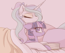Size: 1600x1314 | Tagged: dead source, safe, artist:magnaluna, character:princess celestia, character:twilight sparkle, species:alicorn, species:pony, species:unicorn, ship:twilestia, alternate hairstyle, bed, book, cuddling, cute, cutelestia, ear fluff, eyes closed, female, lesbian, mare, pillow, prone, shipping, smiling, snuggling, twiabetes