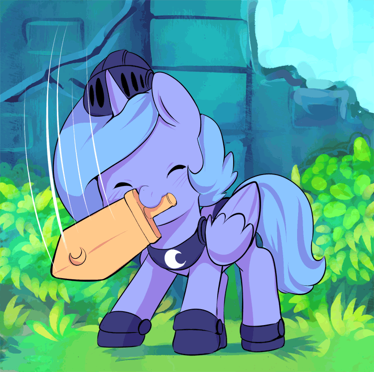 Size: 749x746 | Tagged: safe, artist:ende26, character:princess luna, species:alicorn, species:pony, animated, armor, cute, diabetes, ende will be the end of us, eyes closed, fantasy class, female, filly, helmet, knight, lunabetes, mouth hold, photoshop, smiling, solo, stomping, sweet dreams fuel, swinging, sword, warrior, weapons-grade cute, wooden sword, woona, woona knight, young