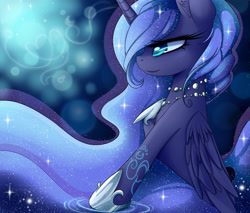 Size: 4000x3400 | Tagged: safe, artist:magnaluna, character:princess luna, species:alicorn, species:pony, abstract background, ear fluff, ethereal mane, female, galaxy mane, hair over one eye, high res, hoof on chest, mare, necklace, smiling, solo, stars