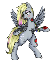 Size: 882x1035 | Tagged: safe, artist:silver1kunai, character:derpy hooves, species:pony, alternate hairstyle, bipedal, blushing, dyed mane, haircut, piercing, punk, solo, tattoo, undercut, underp
