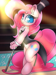 Size: 2500x3350 | Tagged: safe, artist:madacon, character:pinkie pie, species:earth pony, species:pony, species:unguligrade anthro, cane, chest fluff, circus, clothing, cute, diapinkes, ear fluff, female, hat, looking at you, mare, outfit, ringmaster, smiling, solo, tailcoat, top hat