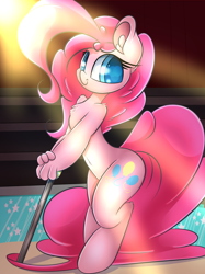 Size: 1280x1715 | Tagged: safe, artist:madacon, character:pinkie pie, species:anthro, species:unguligrade anthro, belly button, cane, chest fluff, crepuscular rays, cute, diapinkes, ear fluff, female, fluffy, leaning, looking at you, ringmaster, smiling, solo