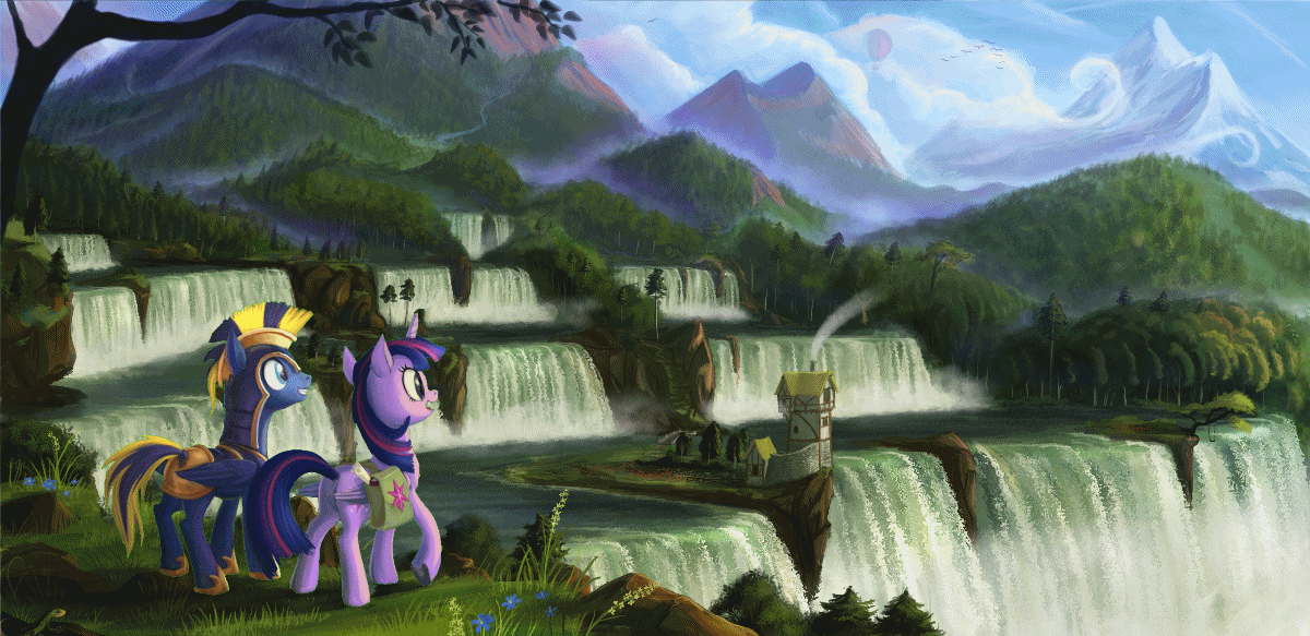 Size: 1200x583 | Tagged: safe, artist:devinian, artist:equum_amici, edit, character:twilight sparkle, character:twilight sparkle (alicorn), oc, oc:zephyr, species:alicorn, species:bird, species:pony, animated, building, canon x oc, cinemagraph, female, forest, grin, hot air balloon, lizard, mare, mountain, neighagra falls, open mouth, raised hoof, saddle bag, scenery, scenery porn, shipping, smiling, tree, twiphyr, waterfall