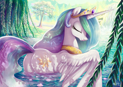 Size: 1200x849 | Tagged: safe, artist:yulyeen, character:princess celestia, species:alicorn, species:pony, beautiful, crown, cute, cutelestia, cutie mark, dappled sunlight, ethereal mane, eyes closed, feather, female, flowing mane, flowing tail, forest, jewelry, lake, majestic, mare, multicolored hair, peaceful, peytral, plot, praise the sun, regalia, royalty, scenery, smiling, solo, spread wings, sunbutt, swanlestia, sweet dreams fuel, swimming, tiara, water, waterfall, weeping willow, wet, wings