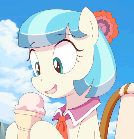 Size: 522x540 | Tagged: safe, artist:deannart, character:coco pommel, species:pony, animated, chair, cocobetes, cropped, cute, eating, female, food, frame by frame, hnnng, ice cream, licking, mare, open mouth, sitting, sky, solo, suggestive eating, tongue out, weapons-grade cute