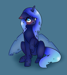 Size: 595x674 | Tagged: safe, artist:nemovonsilver, oc, oc only, oc:lotus prism, species:changeling, blue background, blue changeling, blushing, changeling oc, cheeselegs, crying, explicit source, raised hoof, simple background, solo, transparent wings