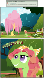 Size: 1104x1971 | Tagged: safe, artist:grievousfan, character:fluttershy, character:tree hugger, species:earth pony, species:pony, bedroom eyes, colored hooves, dendrification, female, fluttertree, grin, mare, smiling, tree, weeping willow