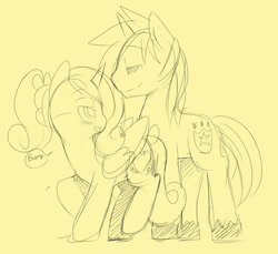 Size: 850x780 | Tagged: safe, artist:ende26, character:princess cadance, character:shining armor, blushing, bump, flirting, monochrome, sketch, smirk, younger