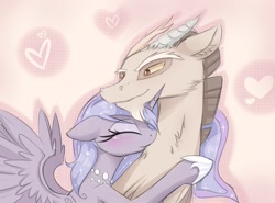 Size: 1600x1186 | Tagged: dead source, safe, artist:magnaluna, character:discord, character:princess luna, species:alicorn, species:pony, ship:lunacord, abstract background, ear fluff, eyes closed, female, hug, jewelry, male, mare, necklace, nibbling, shipping, straight