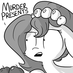 Size: 656x656 | Tagged: safe, artist:tjpones, oc, oc only, oc:brownie bun, species:earth pony, species:pony, horse wife, apple, cheek fluff, context is for the weak, cropped, dialogue, female, floppy ears, fluffy, frown, grayscale, horror, mare, monochrome, out of context, simple background, single panel, solo, white background, wide eyes
