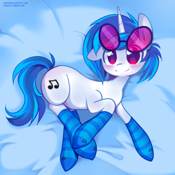 Size: 800x800 | Tagged: safe, artist:pekou, character:dj pon-3, character:vinyl scratch, species:pony, species:unicorn, blushing, clothing, cute, ear down, female, looking at you, mare, smiling, socks, solo, striped socks, vinylbetes