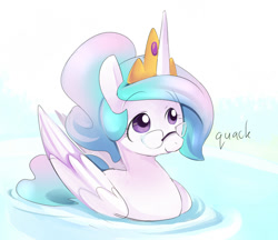Size: 750x647 | Tagged: safe, artist:ende26, character:princess celestia, species:alicorn, species:duck, species:pony, alternate hairstyle, behaving like a bird, cute, cutelestia, duck pony, ducklestia, ende will be the end of us, female, glasses, mare, quack, smiling, solo, swanlestia