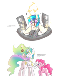 Size: 1280x1613 | Tagged: safe, artist:mlpanon, character:dj pon-3, character:pinkie pie, character:princess celestia, character:vinyl scratch, plot, simple background, sunbutt, this will end in tears and/or a journey to the moon, this will end in weight gain, white background