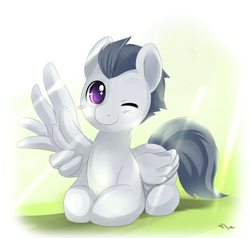 Size: 750x713 | Tagged: safe, artist:ende26, character:rumble, species:pegasus, species:pony, colt, cute, male, one eye closed, prone, rumblebetes, solo, spread wings, waving, wings, wink
