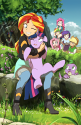 Size: 1430x2210 | Tagged: safe, artist:deannart, character:applejack, character:fluttershy, character:pinkie pie, character:rainbow dash, character:rarity, character:spike, character:sunset shimmer, character:twilight sparkle, character:twilight sparkle (alicorn), character:twilight sparkle (scitwi), species:alicorn, species:dog, species:eqg human, species:human, species:pony, ship:sunsetsparkle, my little pony:equestria girls, applejack's hat, behaving like a cat, boots, bracelet, bush, clothing, cloud, cloudy, cowboy hat, crystal prep academy uniform, cuddling, cute, female, flower, glasses, grass, hair bun, hape, hat, high heel boots, high heels, holding a pony, hug, human coloration, human on pony snuggling, human ponidox, humane seven, humane six, humanized, insect, interspecies, ladybug, lesbian, looking at each other, male, mane seven, mane six, mare, non-consensual cuddling, open mouth, outdoors, paws, photoshop, rock, school uniform, self paradox, shimmerbetes, shipping, shirt, sitting, skirt, smiling, snuggling, spike the dog, spread legs, spreading, stetson, tank top, tree, twiabetes, twolight, wall of tags, wink, you're scientifically impossible
