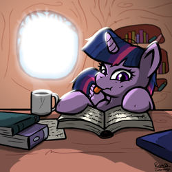 Size: 2304x2304 | Tagged: safe, artist:corsairsedge, character:twilight sparkle, character:twilight sparkle (alicorn), species:alicorn, species:pony, book, coffee, cup, female, grumpy twilight, mare, reading, scrunchy face, solo, tongue out