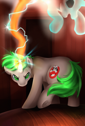 Size: 1720x2533 | Tagged: safe, artist:pridark, oc, oc only, beam, bustin' makes me feel good, determined, facing you, ghost, ghost pony, ghostbuster, ghostbusters, glow, green eyes, haunted, magic, power, proton beam, proton pack, shooting, turning