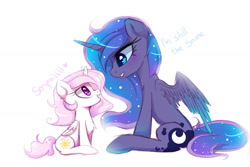 Size: 1600x1067 | Tagged: safe, artist:magnaluna, character:princess celestia, character:princess luna, species:alicorn, species:pony, age regression, cewestia, chest fluff, cute, dialogue, female, filly, heart, looking at each other, mare, open mouth, pink-mane celestia, senpai, simple background, sisters, sitting, smiling