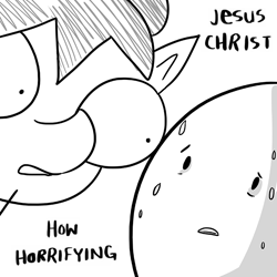 Size: 660x660 | Tagged: safe, artist:tjpones, edit, oc, oc only, oc:hose wife, oc:richard, species:human, frown, jesus christ how horrifying, meme, monochrome, nervous, open mouth, quality, reaction image, stare, stylistic suck, sweat, wide eyes, worried