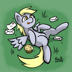 Size: 2836x2836 | Tagged: safe, artist:corsairsedge, character:derpy hooves, species:pegasus, species:pony, blep, cute, female, letter, mail, mare, muffin, on back, smiling, solo, spread wings, tongue out, wings