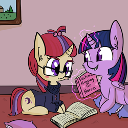 Size: 806x806 | Tagged: safe, artist:tjpones, character:moondancer, character:twilight sparkle, character:twilight sparkle (alicorn), species:alicorn, species:pony, species:unicorn, ship:twidancer, :t, blushing, book, female, frown, glasses, grin, incoming hug, lesbian, magic, mare, pillow, prone, shipping, smiling, telekinesis
