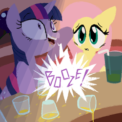 Size: 600x600 | Tagged: safe, artist:frostedwarlock, character:fluttershy, character:twilight sparkle, species:pegasus, species:pony, species:unicorn, alcohol, drunk, drunk twilight, female, glass, mare, night